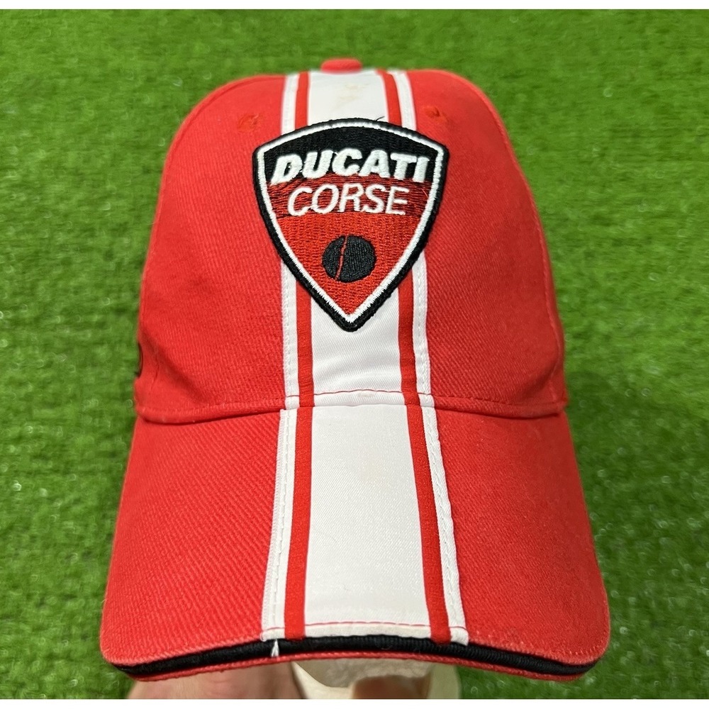 Official Ducati Corse Red Cap Hat - Genuine - Fully Adjustable Red White Stripe